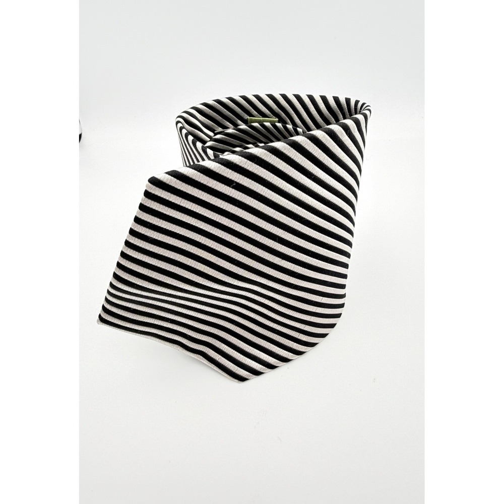 Fabio Fazio Mens Silk Necktie Black White Diagonal Striped Hand Made Italy